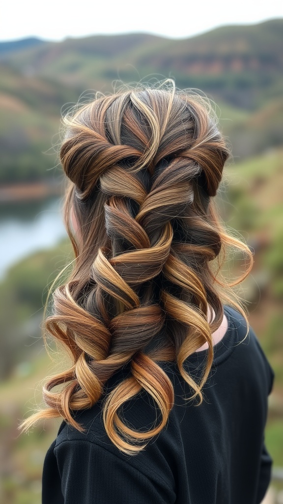 A woman with a half-up twisted hairstyle featuring beautiful curls and a scenic background.