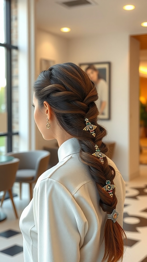 A woman with a half braid adorned with colorful hair jewelry, showcasing a stylish look
