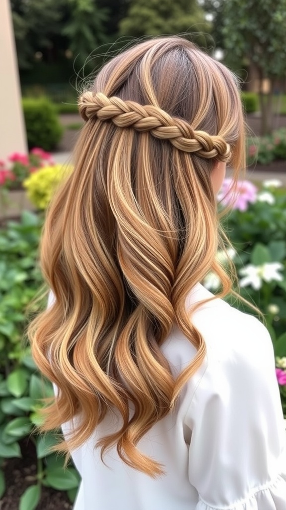 A woman with half braided crown and loose waves hairstyle, surrounded by greenery and flowers