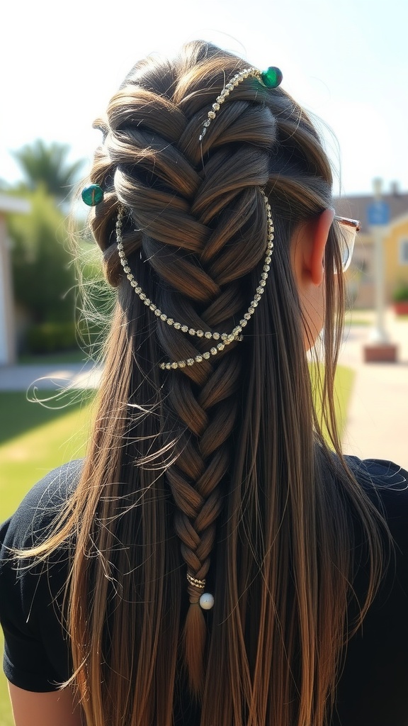 Half braided hairstyle featuring beads, showcasing a stylish and playful look for natural hair.