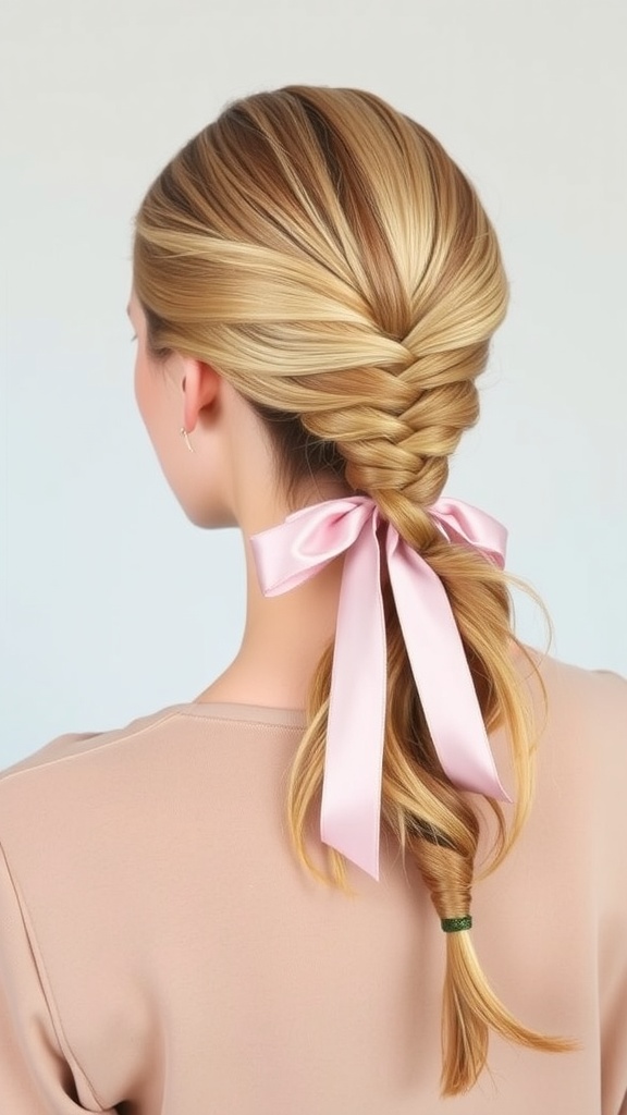 A stylish half braided ponytail with a pink ribbon.