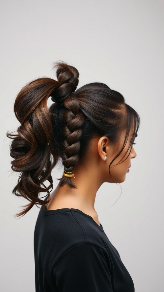 A side view of a woman with a half braided ponytail, showcasing volume and natural hair texture.