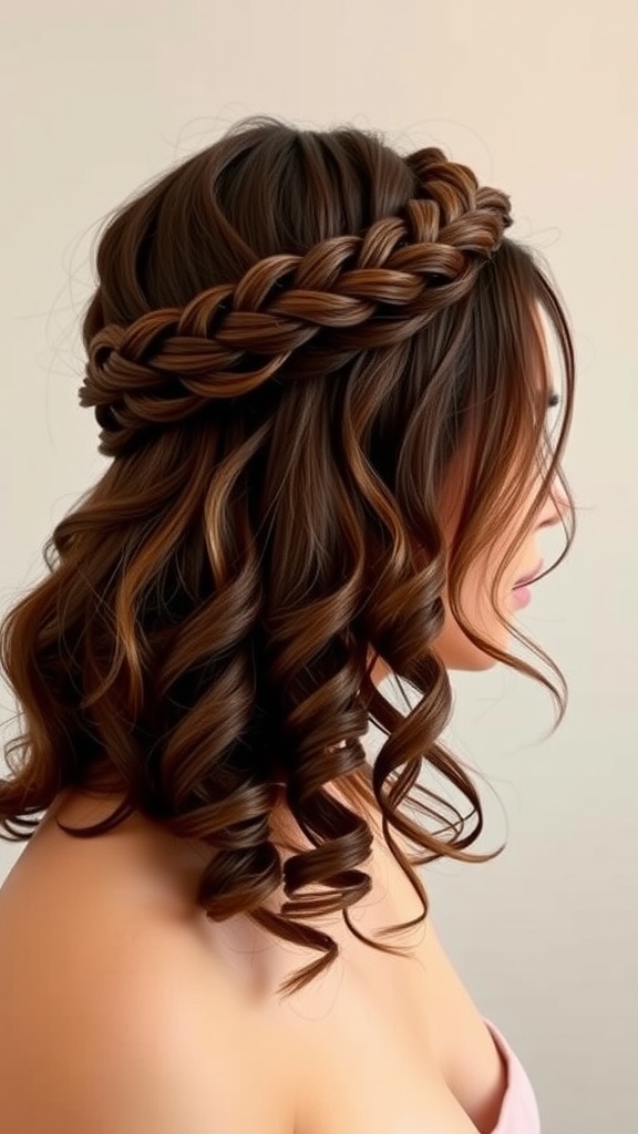 A hairstyle showing a half crown braid with loose curls.