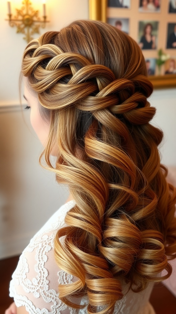 A beautiful half Dutch braid hairstyle with soft curls, showcasing warm hair tones.
