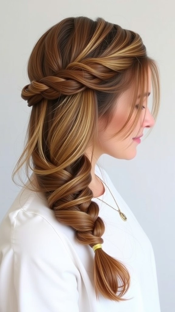 A woman with a half French braid hairstyle showcasing natural volume.
