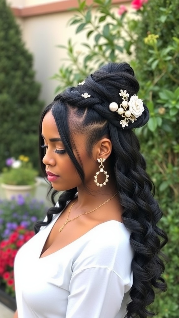 A woman with a half up half down quick weave hairstyle, featuring a chic bun adorned with flowers and pearls, and flowing curls.