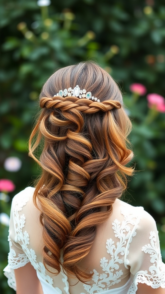 Half up half down wedding hairstyle with curls and a decorative hairpiece.