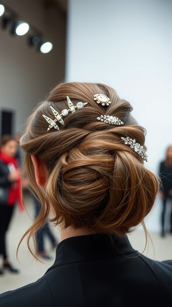 A half up hairstyle with decorative hair accessories, showcasing elegant clips and pins.