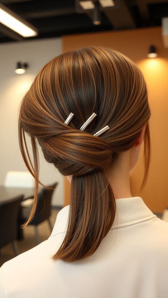 A woman with sleek straight hair styled in a half updo using a claw clip.