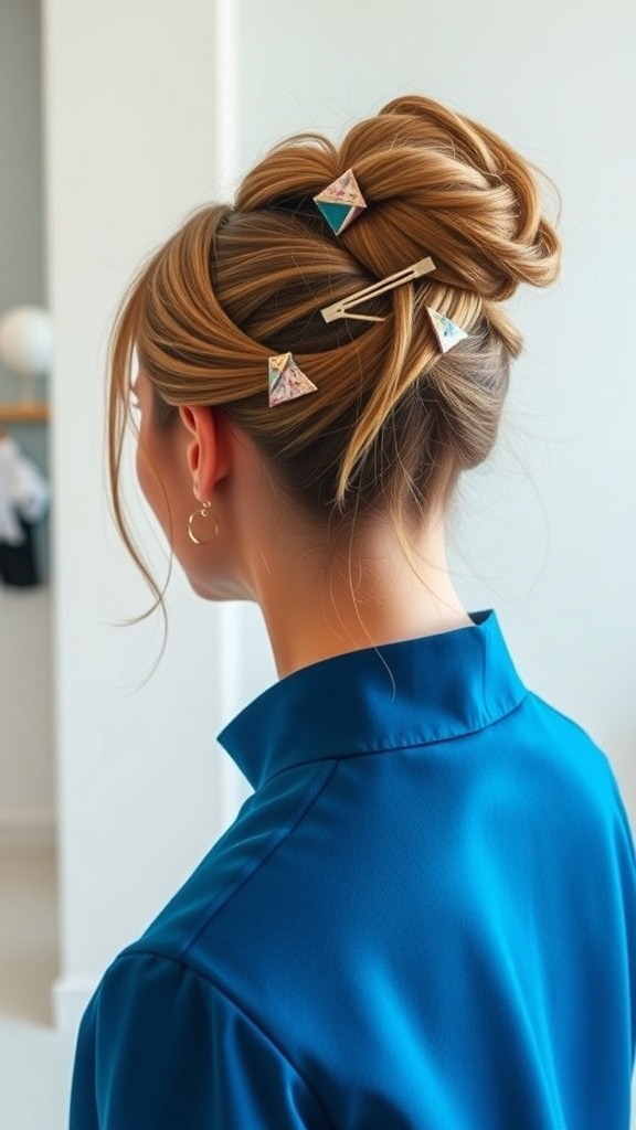A woman with a half updo hairstyle secured with geometric pins.