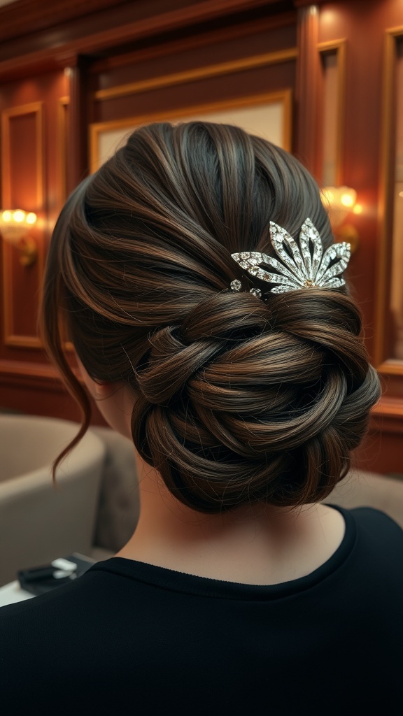 A beautifully styled half updo featuring twisted hair and a sparkling hair accessory.