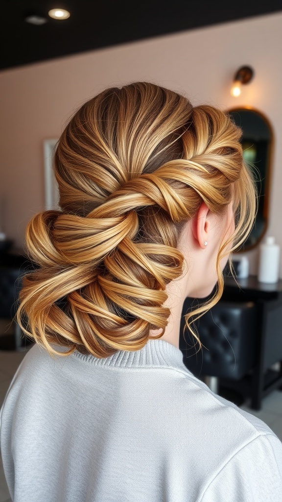 A stylish half updo with twists and pinned sections, showcasing layered blonde hair.