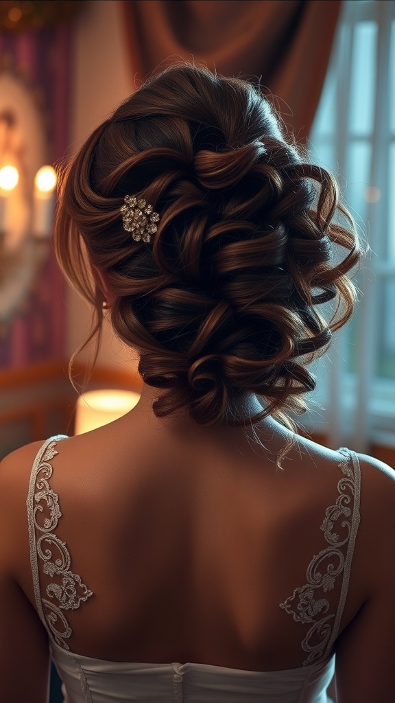 A beautiful half updo hairstyle featuring voluminous curls and a decorative hairpin.