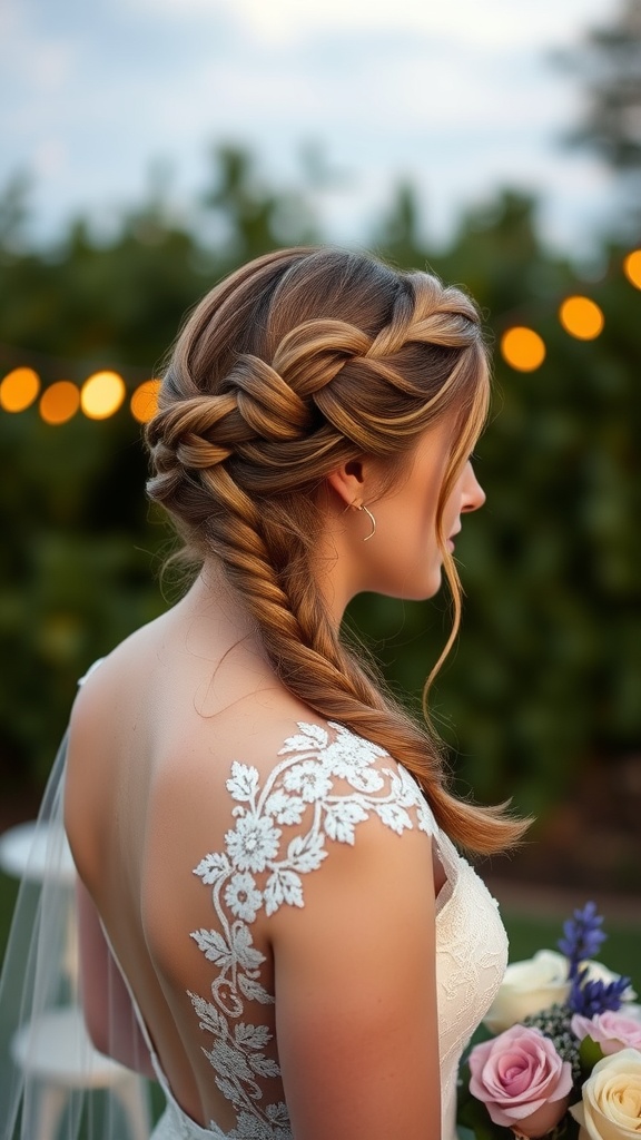 A woman with a halo braid hairstyle, wearing a wedding dress and holding a bouquet.