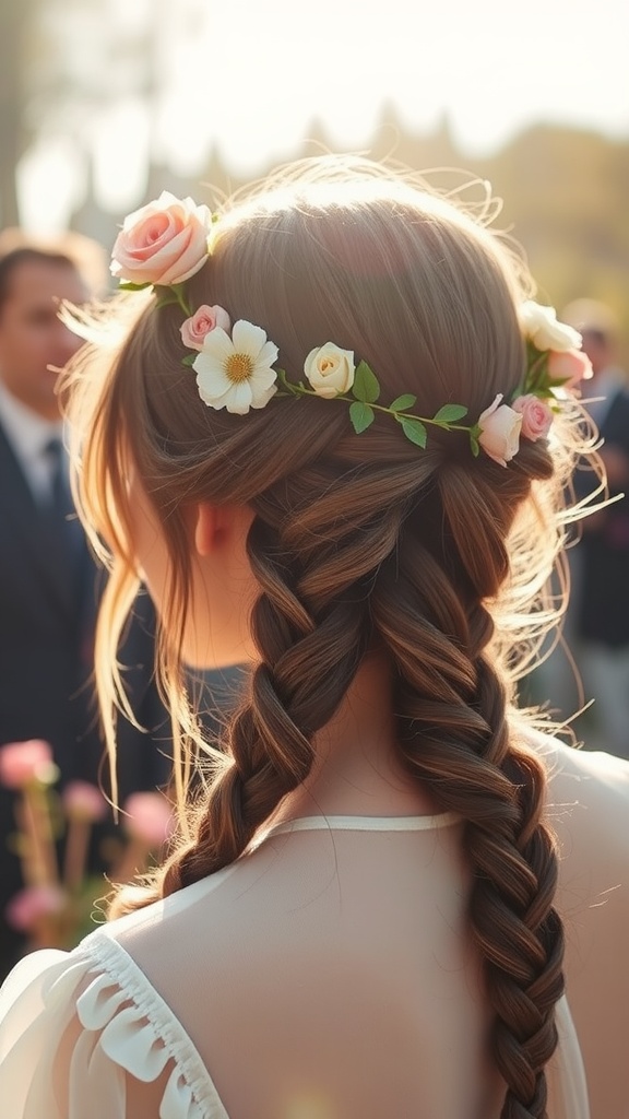 A woman with a halo braid hairstyle decorated with flowers, enjoying a sunny outdoor event.