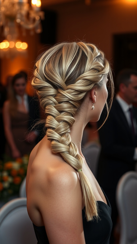 A woman with a stylish halo braid hairstyle at an elegant event.