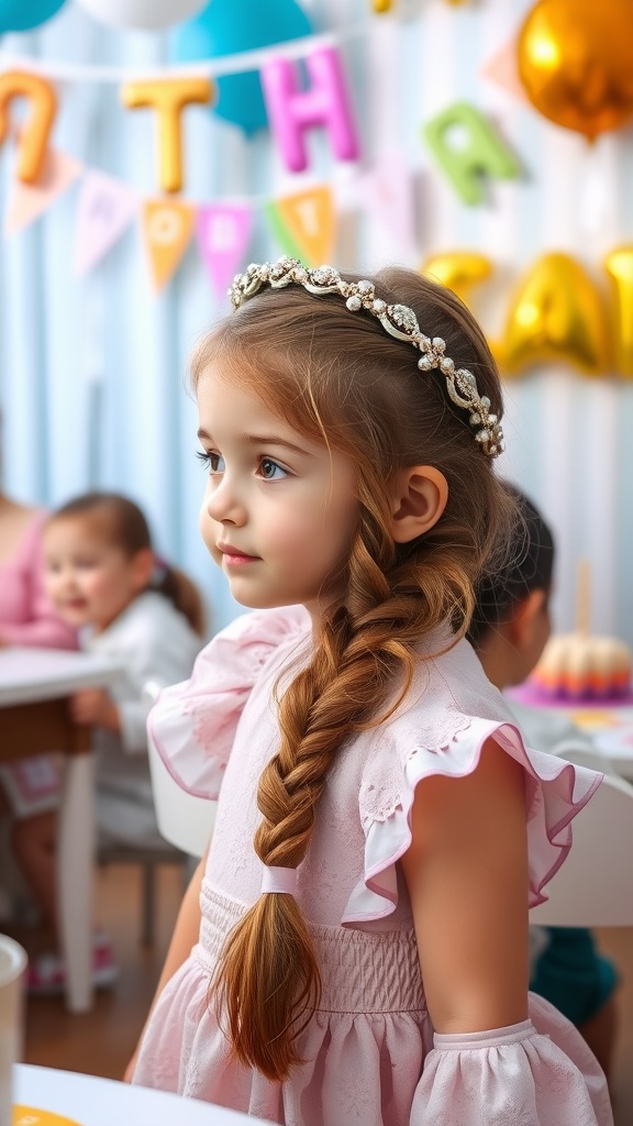 A young girl with a halo braid hairstyle wearing a pink dress at a birthday party, with colorful decorations in the background.