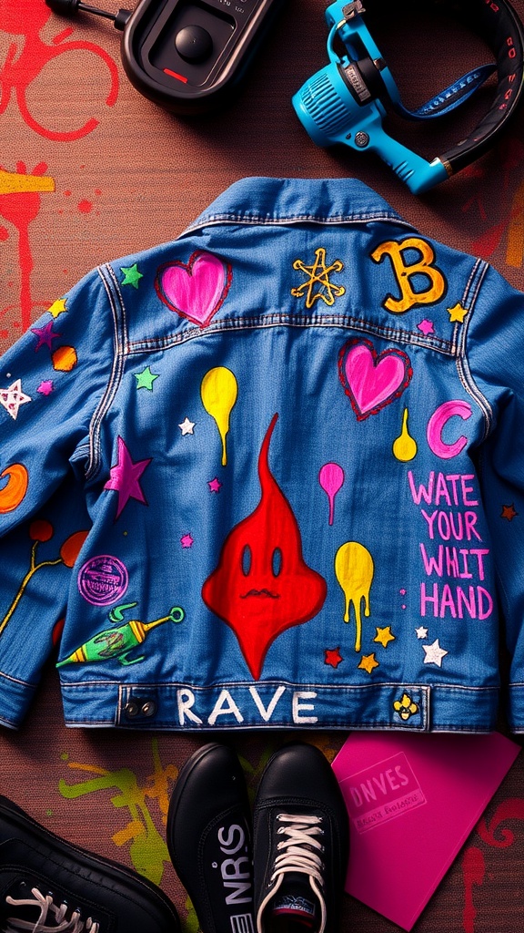 A hand-painted denim jacket with colorful designs, laid out with sneakers and rave accessories.