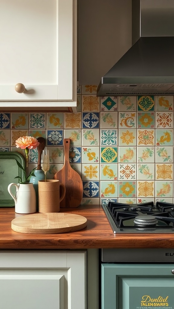 A close-up view of a vintage farmhouse kitchen backsplash with colorful handcrafted tiles, wooden countertop, and kitchen utensils.
