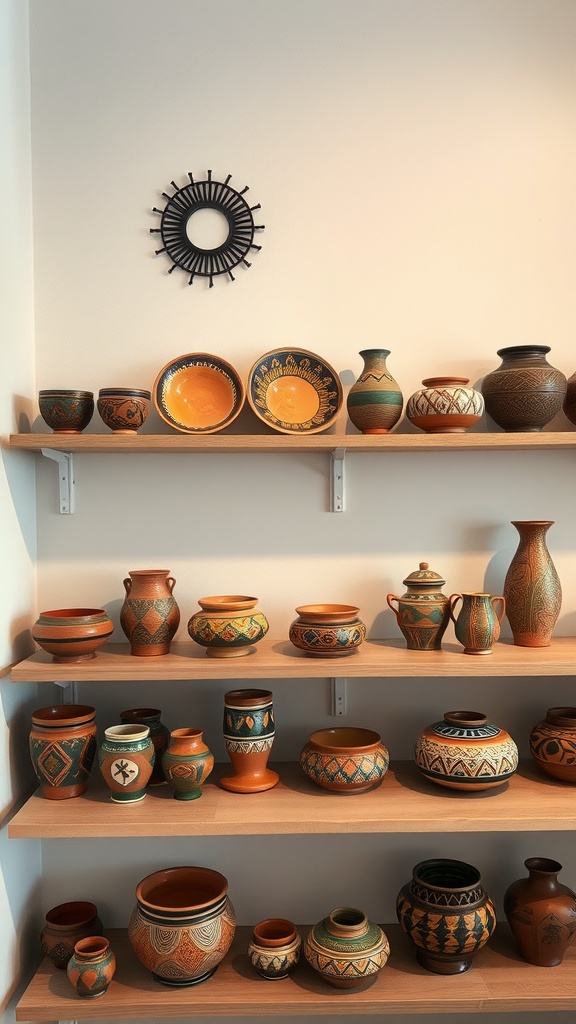 A collection of handcrafted pottery and ceramics displayed on wooden shelves, featuring vibrant colors and intricate designs.