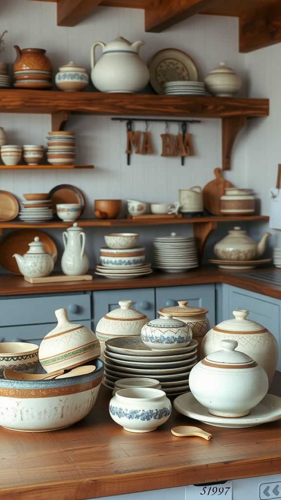 A variety of handcrafted pottery and dishes displayed on wooden shelves in a farmhouse kitchen.