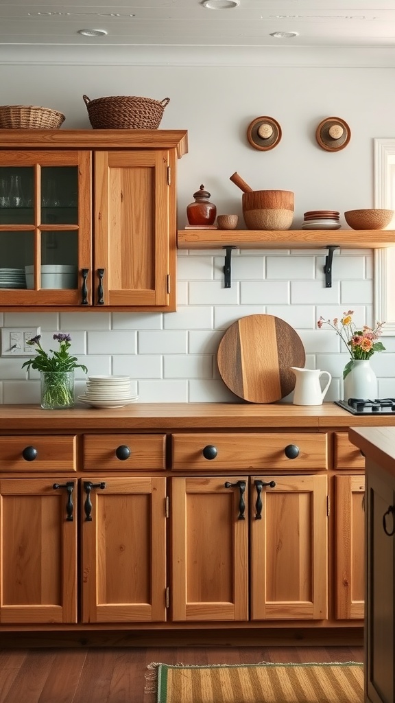 Interior of an Italian farmhouse kitchen with wooden cabinets and rustic storage solutions.