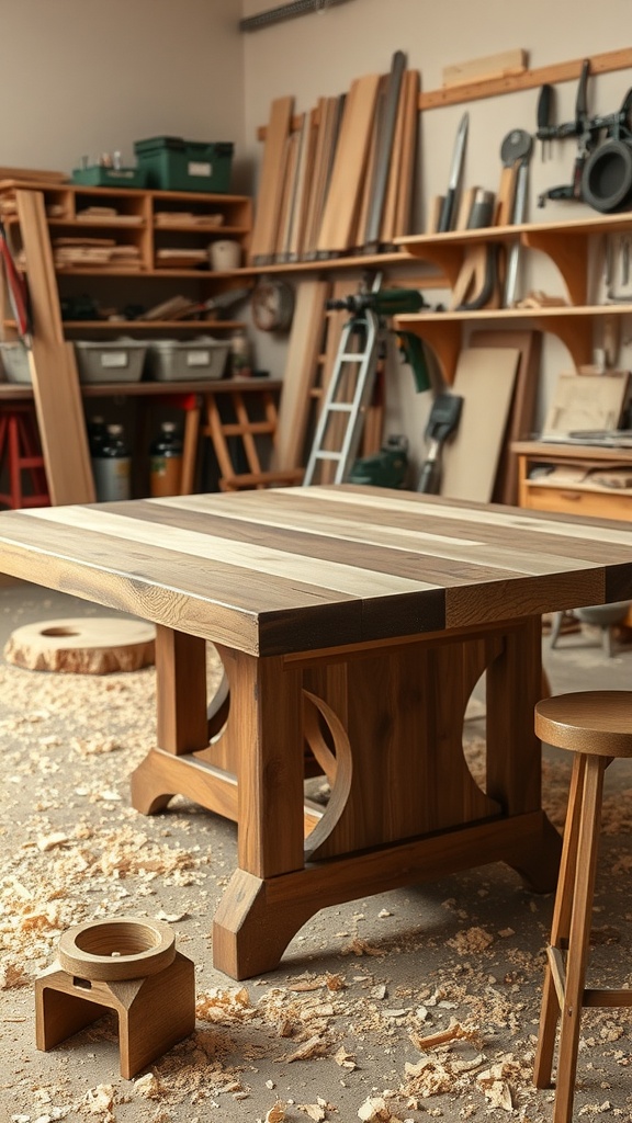 Handcrafted wooden table in a workshop with tools and wood shavings
