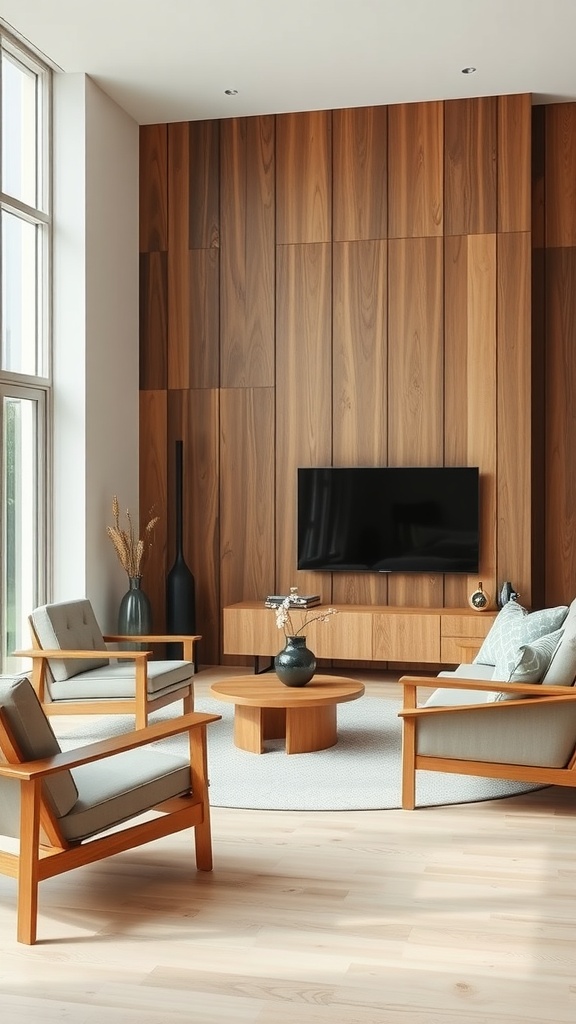 A modern living room featuring handcrafted wooden furniture, including armchairs and a round coffee table, set against a wooden accent wall.