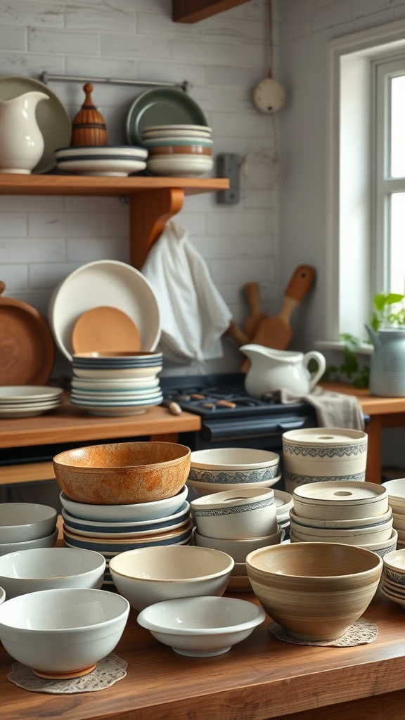 A rustic kitchen display with an assortment of handmade ceramic bowls and plates on wooden shelves.