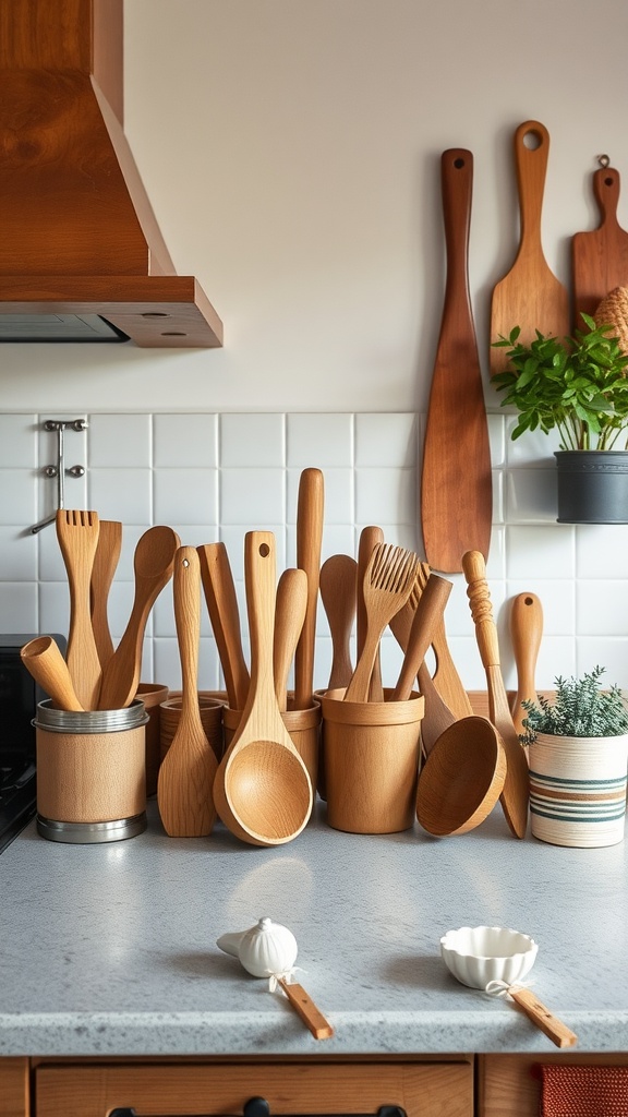 A collection of handmade wooden kitchen utensils in an Italian farmhouse kitchen setting.