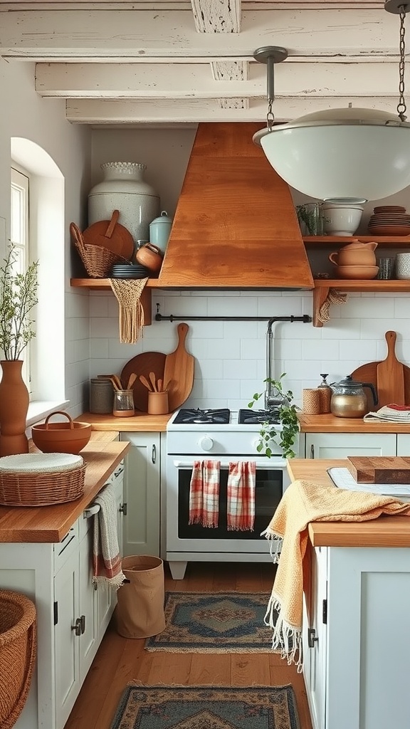 Cozy French farmhouse kitchen with handwoven textiles and warm colors