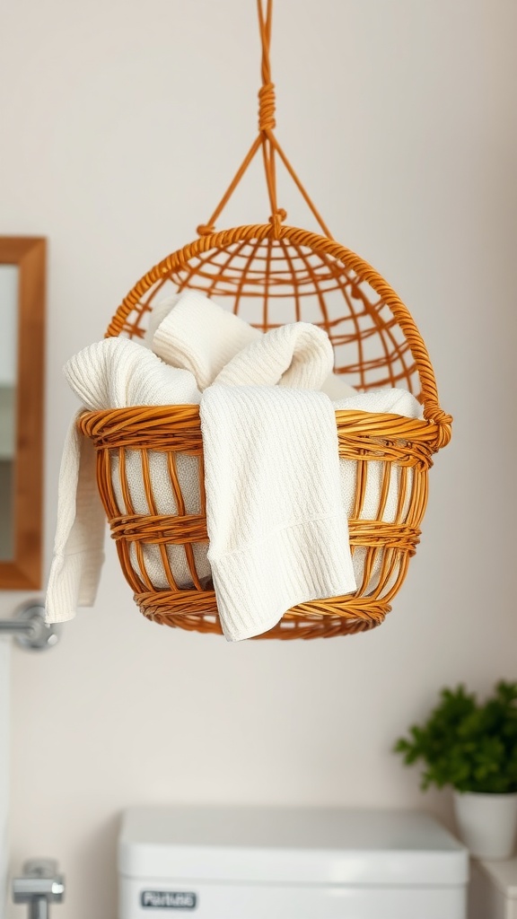 Hanging basket holding white towels in a bathroom setting.