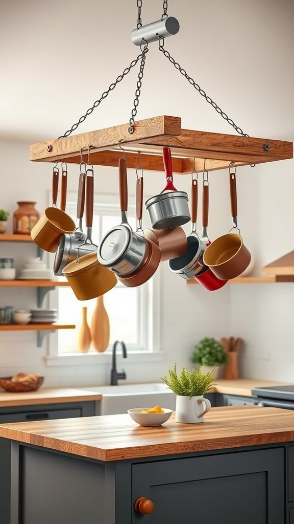 A hanging pot rack with various pots and pans, adding style and space-saving functionality to a small kitchen.