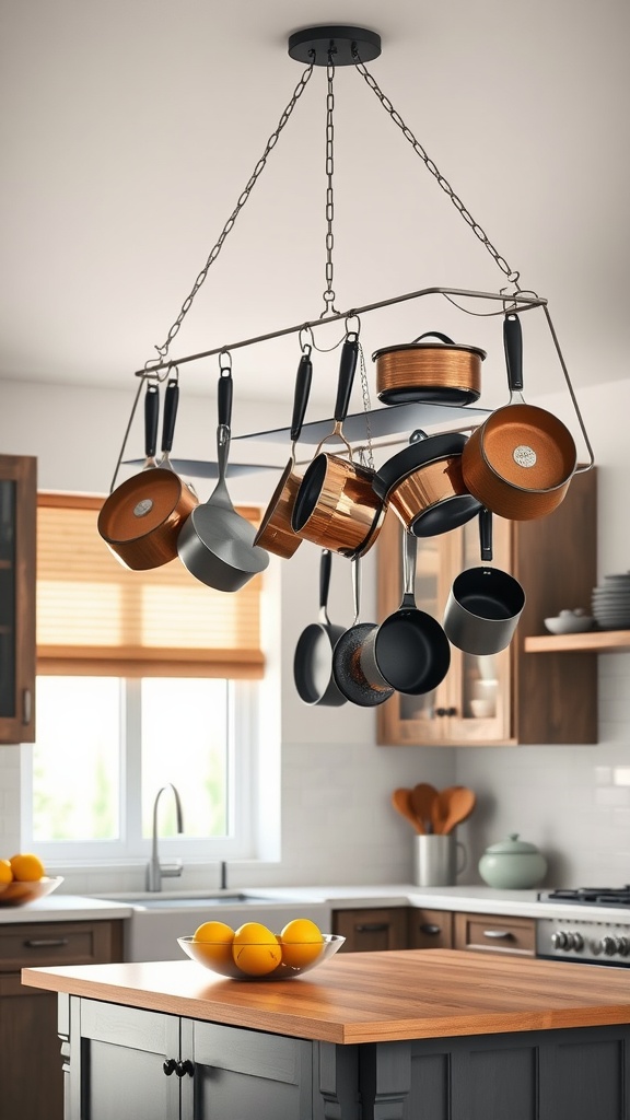 Hanging pot rack with various pots and pans suspended above a kitchen island