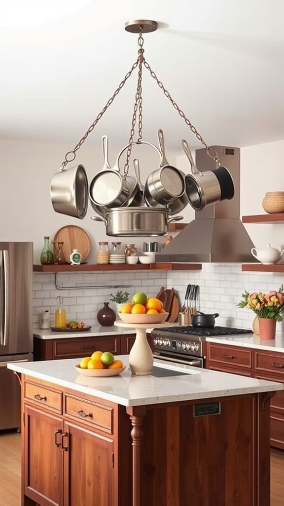 A kitchen with a hanging pot rack displaying several pots and pans