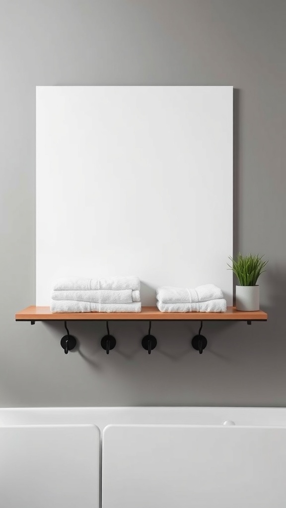 A stylish hanging towel shelf with neatly stacked towels and hooks below for hanging additional towels.
