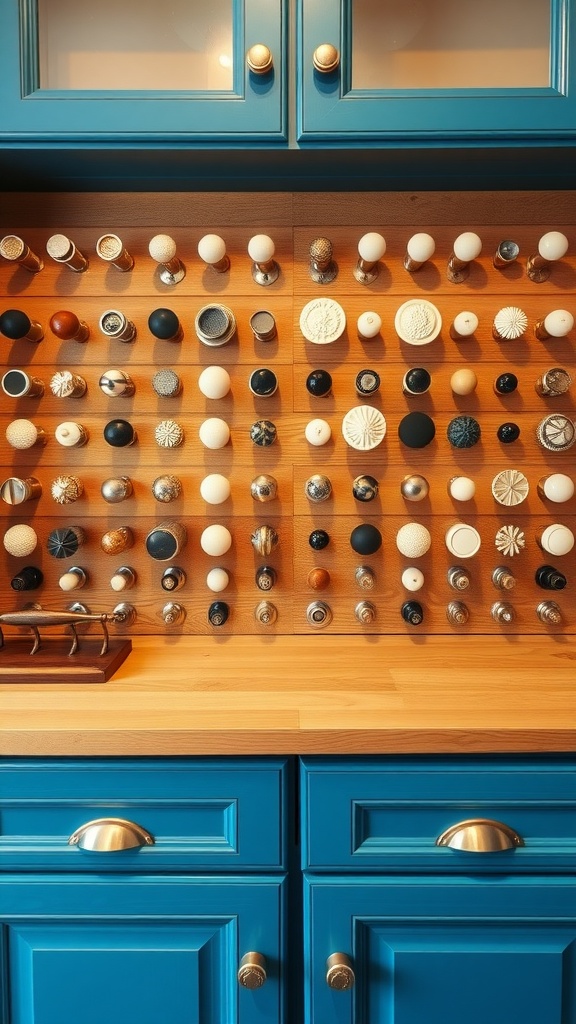 A collection of various knobs and pulls for blue kitchen cabinets displayed on a wooden board.