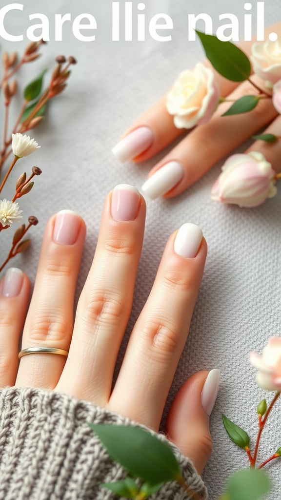 A close-up image of clear acrylic nails with soft pink and white tones, surrounded by flowers and greenery.