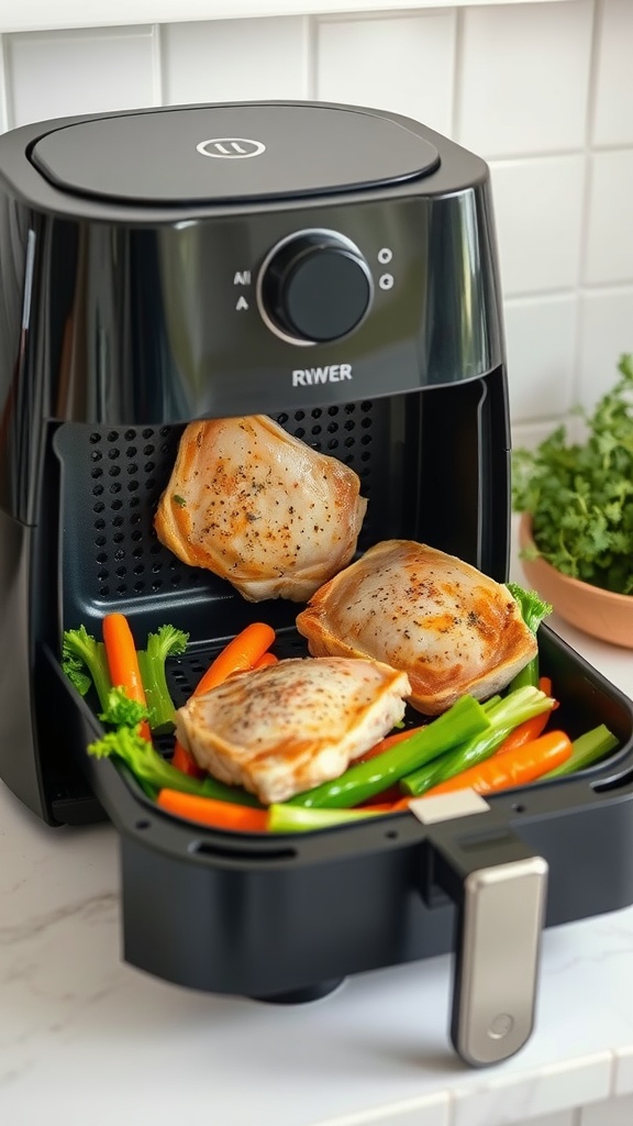 Air fryer pork chops cooking with vegetables.