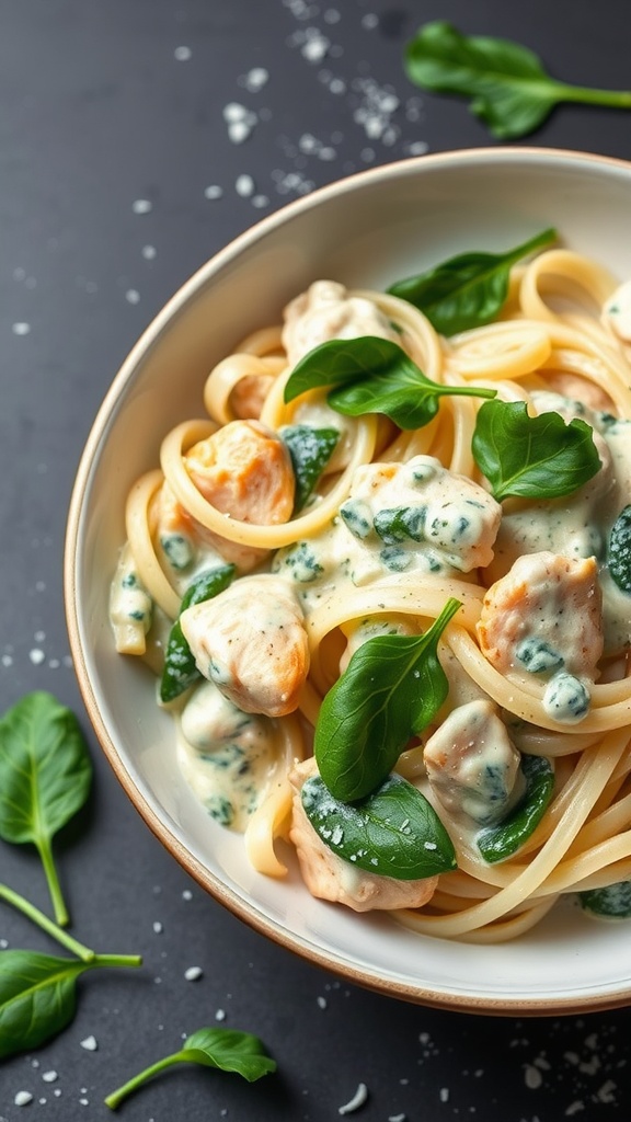 A bowl of creamy chicken alfredo pasta with spinach, showcasing a healthy version of the classic dish.