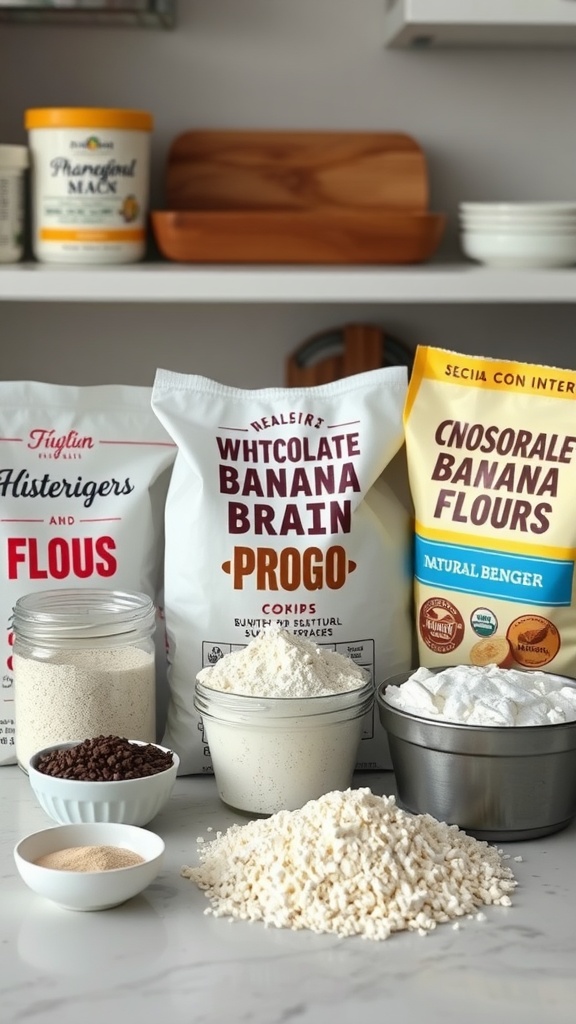 Various flours and baking ingredients for chocolate banana bread