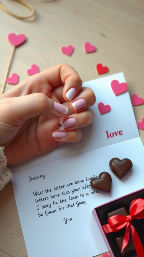 A hand with heart-shaped nail art, surrounded by heart decorations and a Valentine’s card.