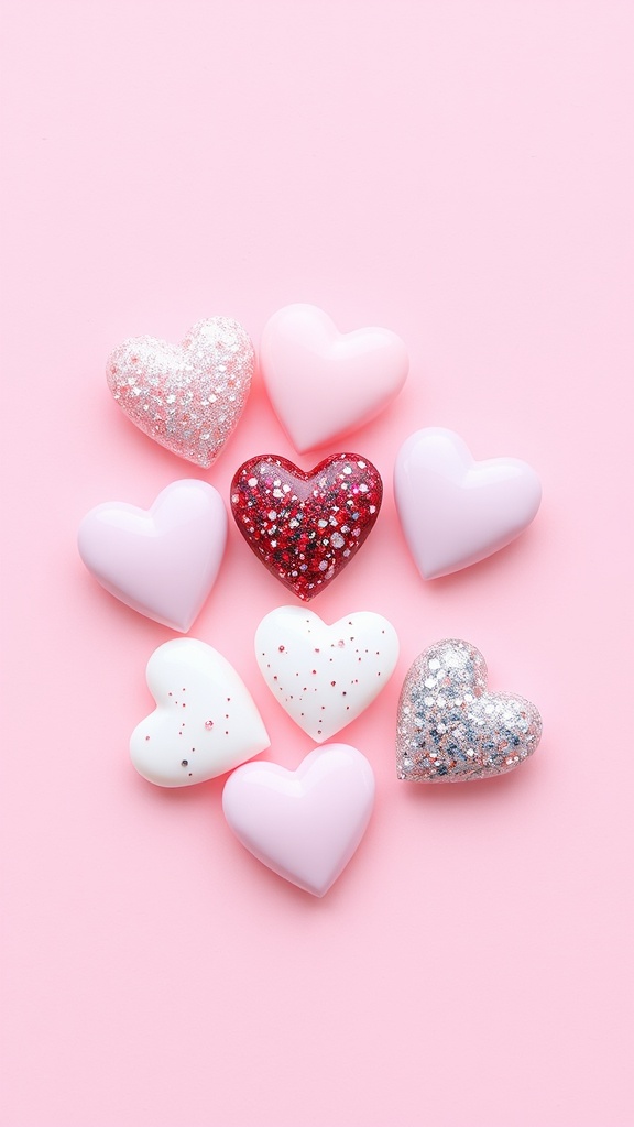 Colorful heart-shaped nail art designs in pink, red, and glitter on a pink background.