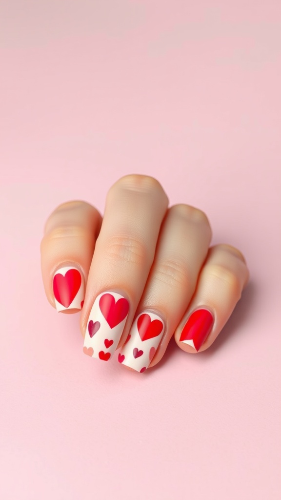 Close-up image of heart pattern red nails with a mix of red and pink hearts on a neutral background.