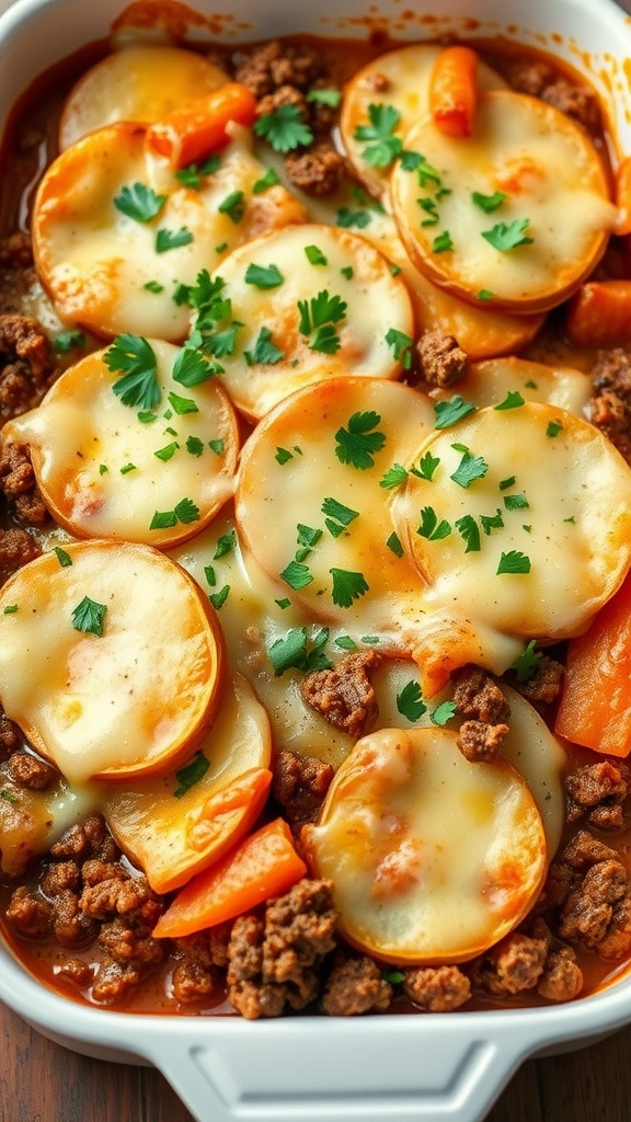 A hearty beef and potato casserole with ground beef, sliced potatoes, and cheese.