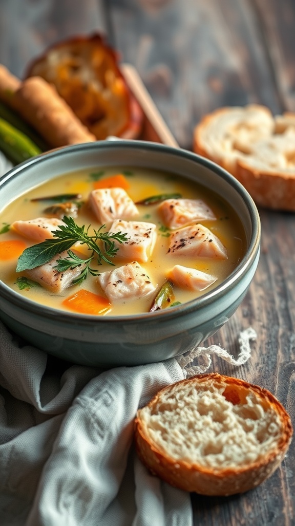 A bowl of hearty salmon chowder garnished with parsley, served with crusty bread.