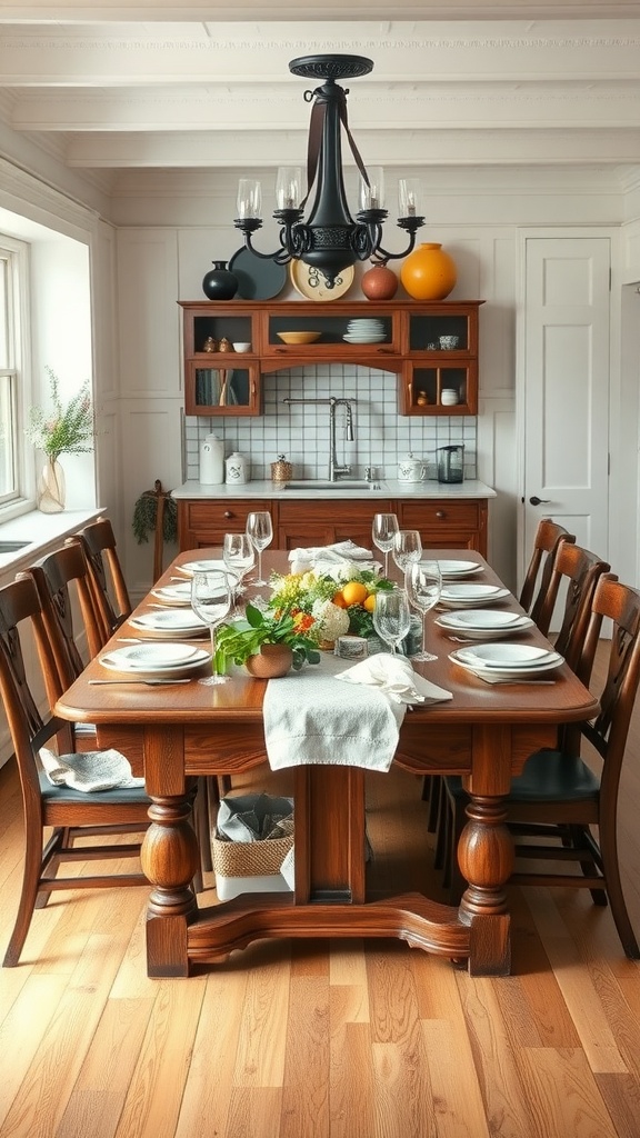 A beautifully set dining table in a farmhouse kitchen featuring a wooden table, elegant tableware, and a vibrant centerpiece.