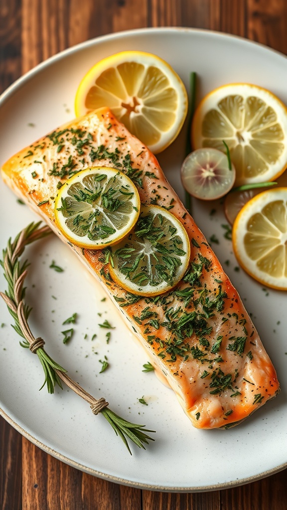 Herb-crusted baked salmon on a plate with lemon slices and fresh herbs