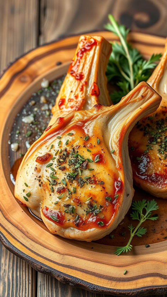 Delicious herb-crusted garlic pork chops served on a wooden platter.
