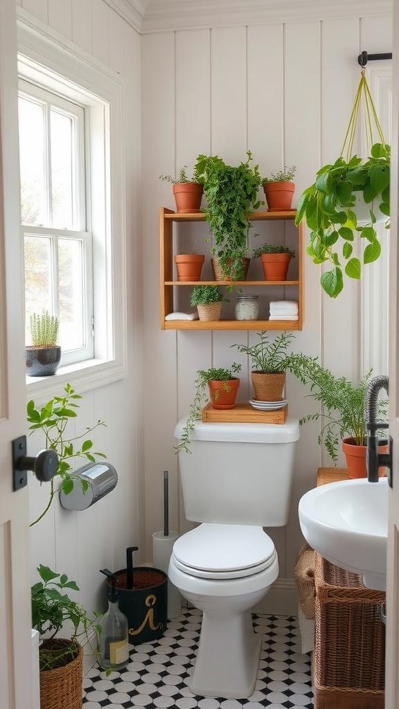 A small farmhouse bathroom decorated with various potted plants and herbs on shelves and the floor.